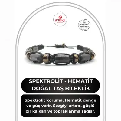 Sertifikalı Hakiki Orijinal Spektrolit - Hematit Doğal Taş İpli Bileklik (Köşeli Makrome Model) - Doğal Taş (1)