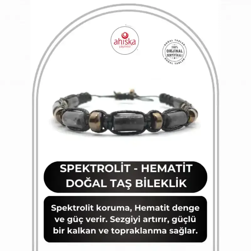 Sertifikalı Hakiki Orijinal Spektrolit - Hematit Doğal Taş İpli Bileklik (Köşeli Makrome Model) - 2