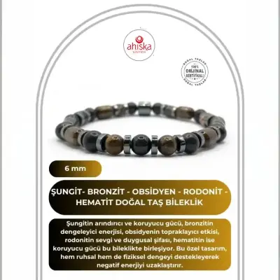 Sertifikalı Hakiki Orijinal (Şungit) Shungite - Bronzit - Obsidyen - Rodonit - Hematit 6mm Misinalı Doğal Taş Bileklik - Doğal Taş (1)