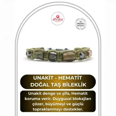 Sertifikalı Hakiki Orijinal Unakit - Hematit Doğal Taş İpli Bileklik (Köşeli Makrome Model) - 1