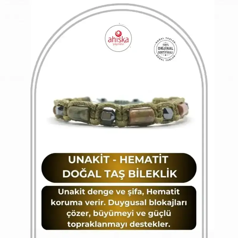 Sertifikalı Hakiki Orijinal Unakit - Hematit Doğal Taş İpli Bileklik (Köşeli Makrome Model) - 1