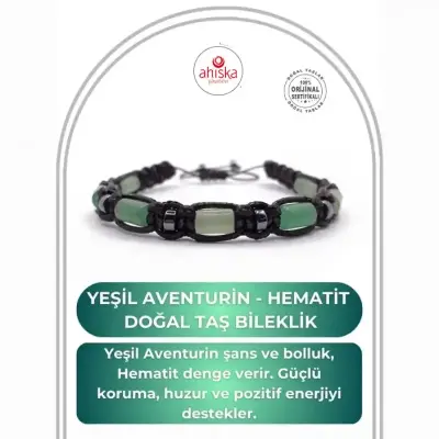 Sertifikalı Hakiki Orijinal Yeşil Aventurin - Hematit Doğal Taş İpli Bileklik (Köşeli Makrome Model) - 1