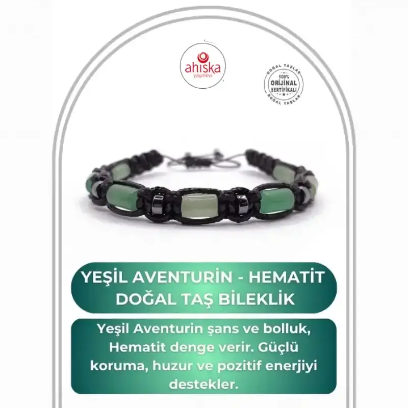 Sertifikalı Hakiki Orijinal Yeşil Aventurin - Hematit Doğal Taş İpli Bileklik (Köşeli Makrome Model) - 1