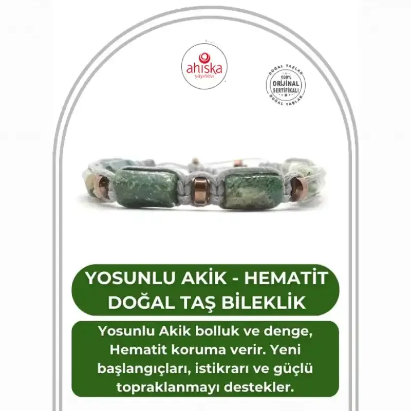 Sertifikalı Hakiki Orijinal Yosunlu Akik - Hematit Doğal Taş İpli Bileklik (Köşeli Makrome Model) - 1