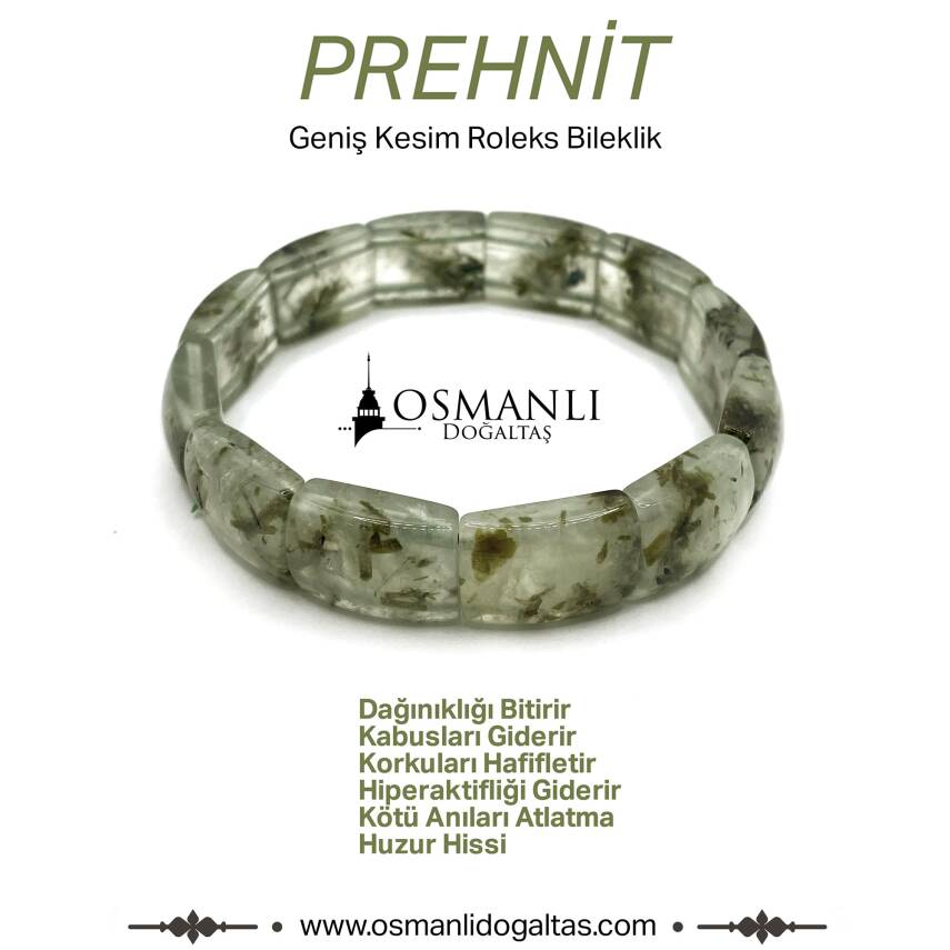 Sertifikalı Hakiki Prehnit Doğal Taş Geniş Kesim Roleks Bileklik - 3