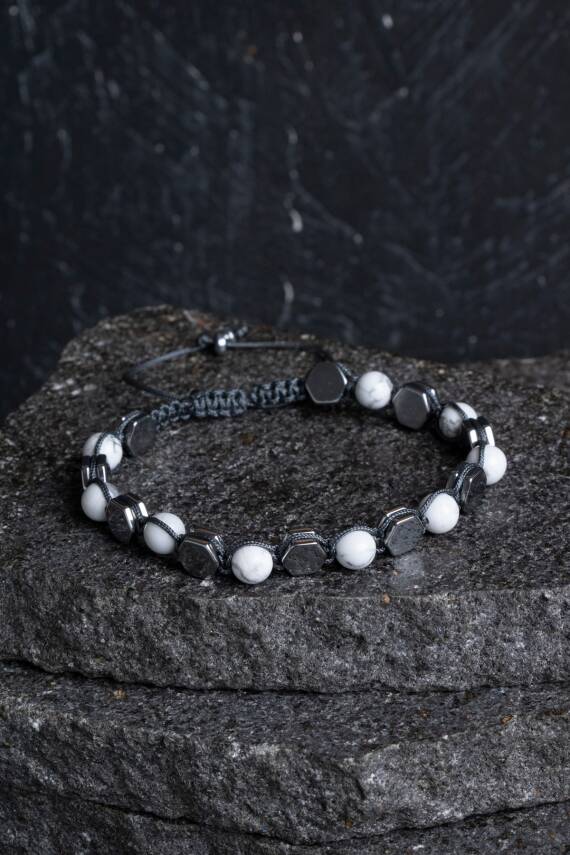 Sertifikalı Havlit, Hematit Doğal Taş Makrome Bileklik - 1