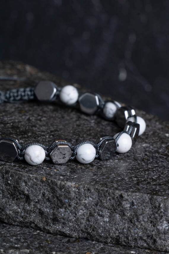 Sertifikalı Havlit, Hematit Doğal Taş Makrome Bileklik - 2