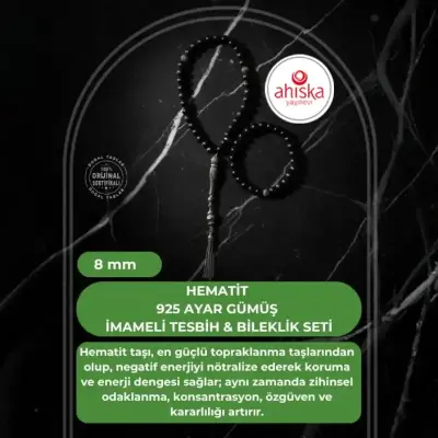 Sertifikalı Hematit 925 Ayar Gümüş 8 mm İmameli Tesbih & Bileklik Seti - Doğal Taş (1)