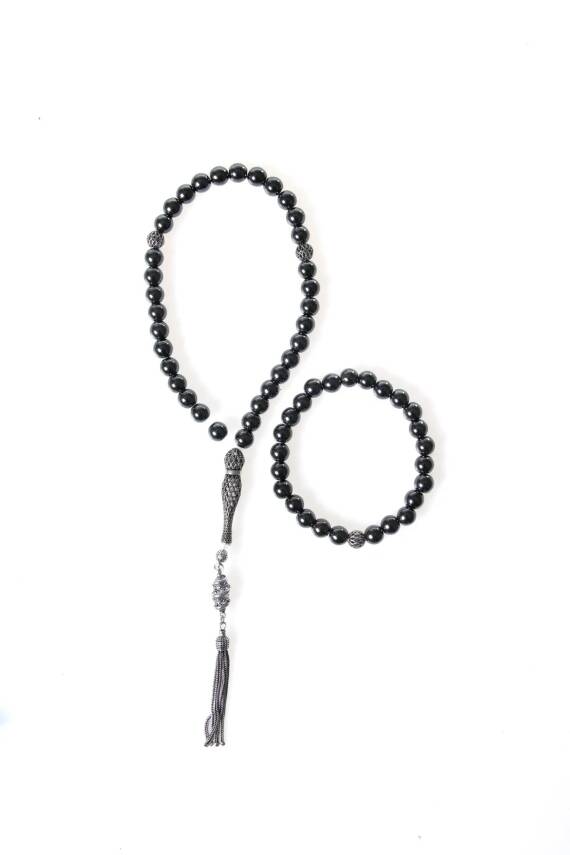 Sertifikalı Hematit 925 Ayar Gümüş 8 mm İmameli Tesbih & Bileklik Seti - 1