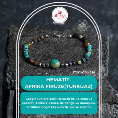 Sertifikalı Hematit-Afrika Furize (Turkuaz) Doğal Taş Bileklik Gümüş Aparatlı SK 036 - Doğal Taş (1)