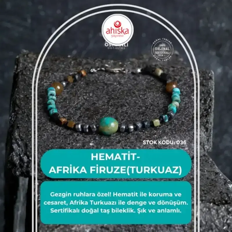 Sertifikalı Hematit-Afrika Furize (Turkuaz) Doğal Taş Bileklik Gümüş Aparatlı SK 036 - 2