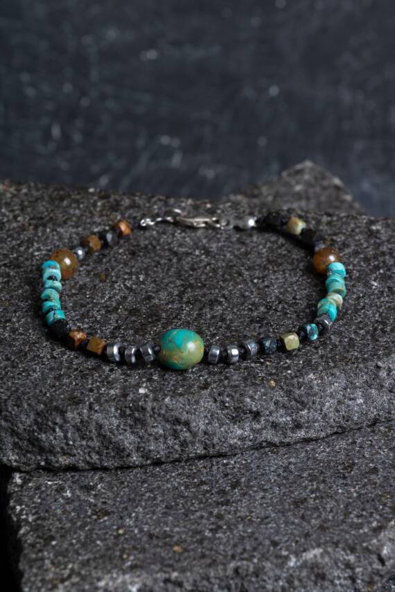 Sertifikalı Hematit-Afrika Furize (Turkuaz) Doğal Taş Bileklik Gümüş Aparatlı SK: 036 - 1