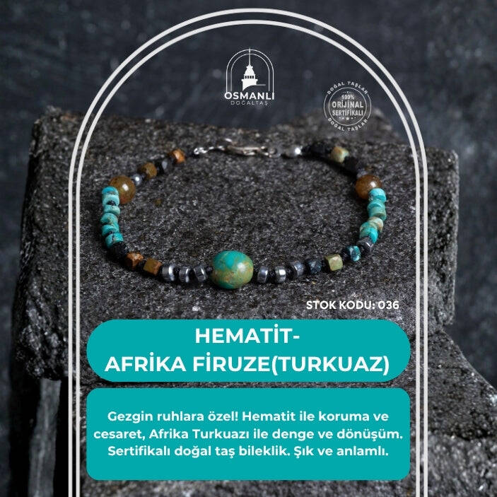 Sertifikalı Hematit-Afrika Furize (Turkuaz) Doğal Taş Bileklik Gümüş Aparatlı SK: 036 - 2