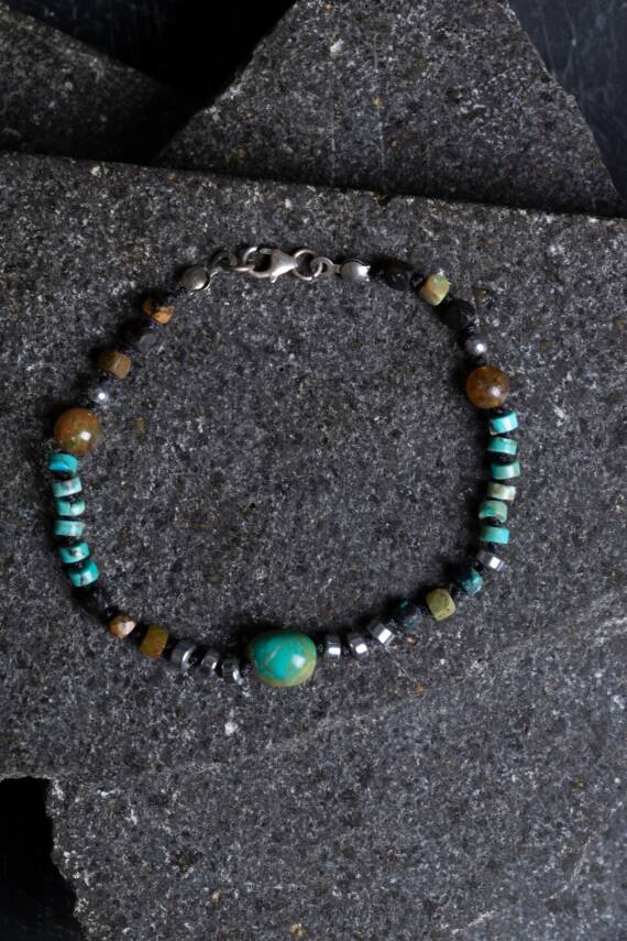 Sertifikalı Hematit-Afrika Furize (Turkuaz) Doğal Taş Bileklik Gümüş Aparatlı SK: 036 - 3