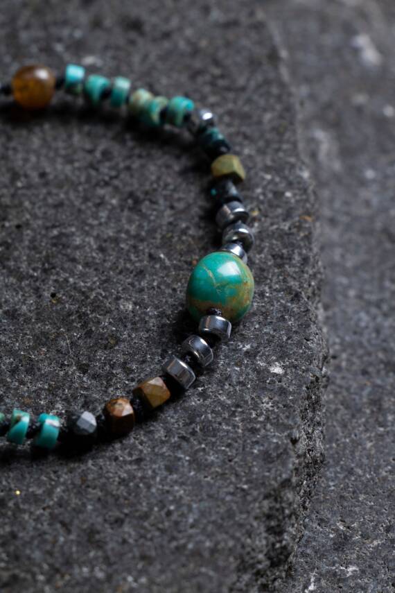 Sertifikalı Hematit-Afrika Furize (Turkuaz) Doğal Taş Bileklik Gümüş Aparatlı SK: 036 - 5