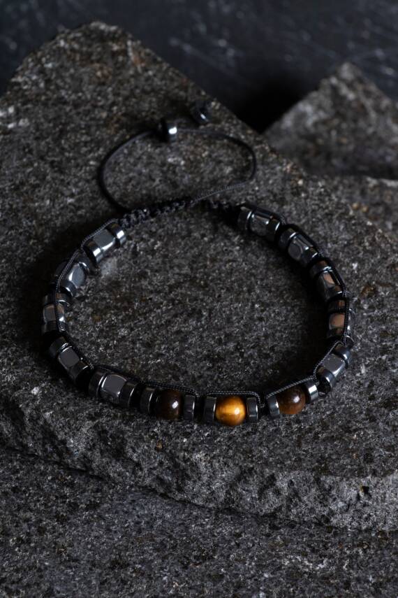 Sertifikalı Hematit, Kaplan Gözü Doğal Taş Makrome Bileklik (SK:184) - 1