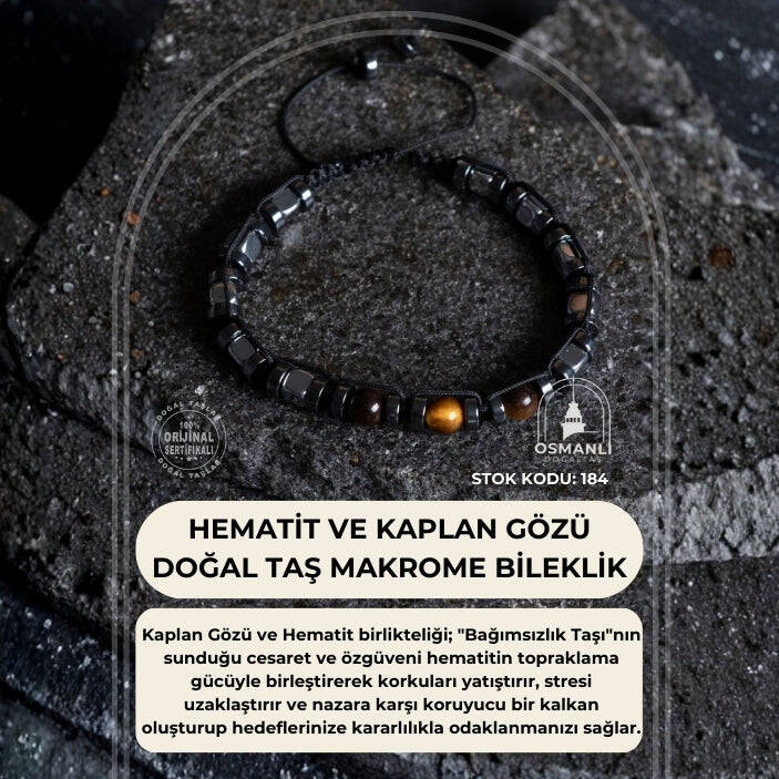 Sertifikalı Hematit, Kaplan Gözü Doğal Taş Makrome Bileklik (SK:184) - 2