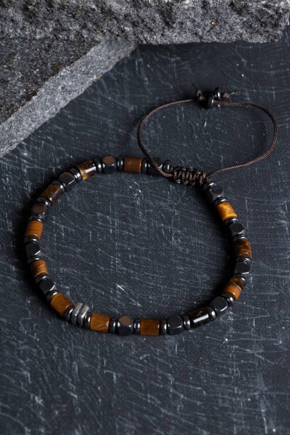 Sertifikalı Hematit, Kaplan Gözü Gümüş Aparatlı Doğal Taş Makrome Bileklik (SK:188) - 1