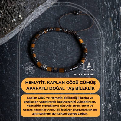 Sertifikalı Hematit, Kaplan Gözü Gümüş Aparatlı Doğal Taş Makrome Bileklik (SK:188) - 2