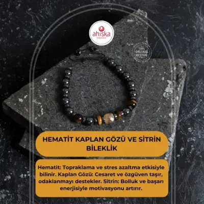 Sertifikalı Hematit Kaplan Gözü ve Sitrin Bileklik - Doğal Taş (1)