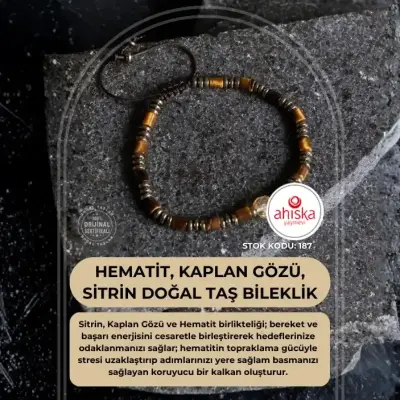 Sertifikalı Hematit, Kaplan Gözü ve Sitrin Doğal Taş Makrome Bileklik (SK187) - 1