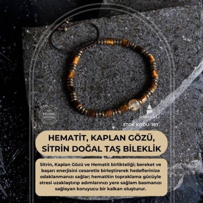 Sertifikalı Hematit, Kaplan Gözü ve Sitrin Doğal Taş Makrome Bileklik (SK:187) - 2