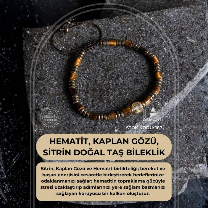 Sertifikalı Hematit, Kaplan Gözü ve Sitrin Doğal Taş Makrome Bileklik (SK:187) - 2