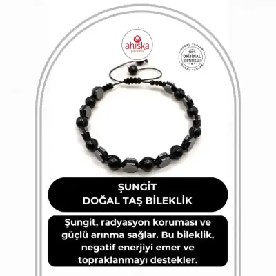 Sertifikalı Hematit - Şungit Doğal Taş Bileklik Taş Üzeri İpli - Doğal Taş (1)