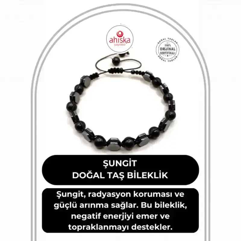 Sertifikalı Hematit - Şungit Doğal Taş Bileklik Taş Üzeri İpli - 2