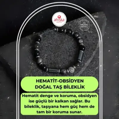 Sertifikalı Hematit ve Obsidyen Doğal Taş Bileklik - Doğal Taş (1)