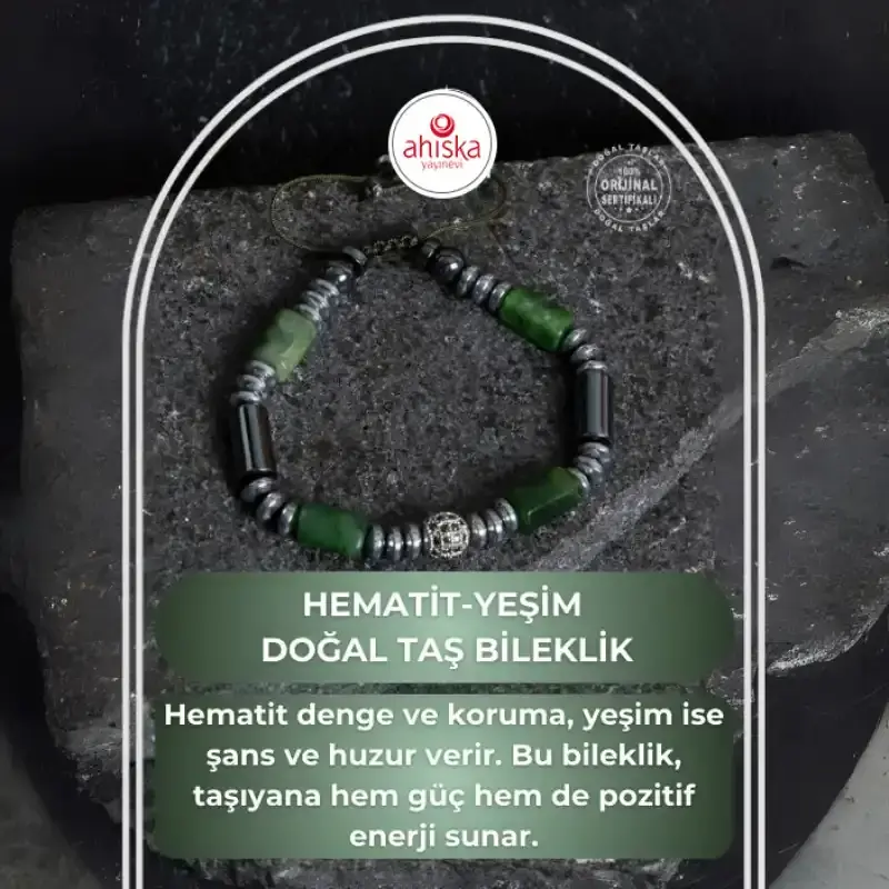 Sertifikalı Hematit ve Yeşim Doğal Taş Bileklik - 2