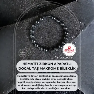 Sertifikalı Hematit Zirkon Aparatlı Doğal Taş Makrome Bileklik (SK151) - 1