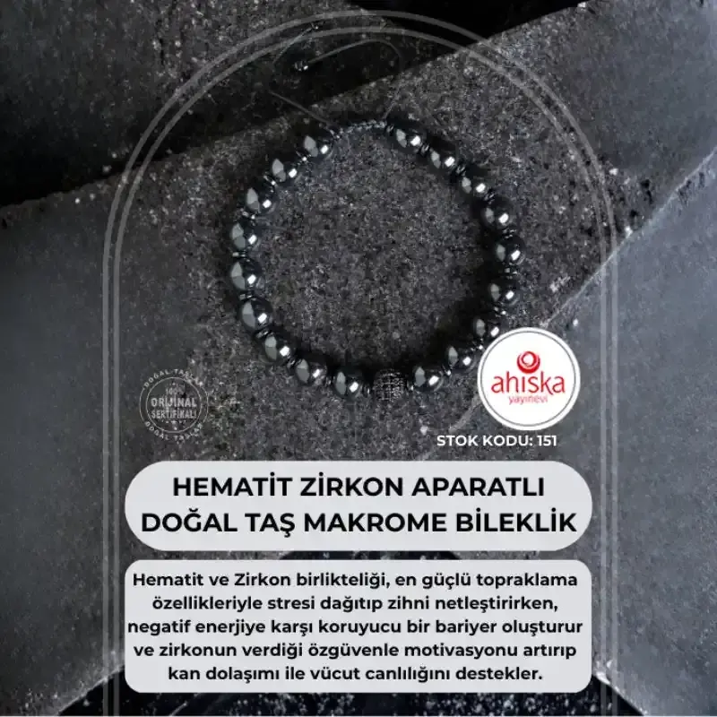 Sertifikalı Hematit Zirkon Aparatlı Doğal Taş Makrome Bileklik (SK151) - 1