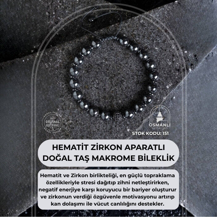 Sertifikalı Hematit Zirkon Aparatlı Doğal Taş Makrome Bileklik (SK:151) - 2