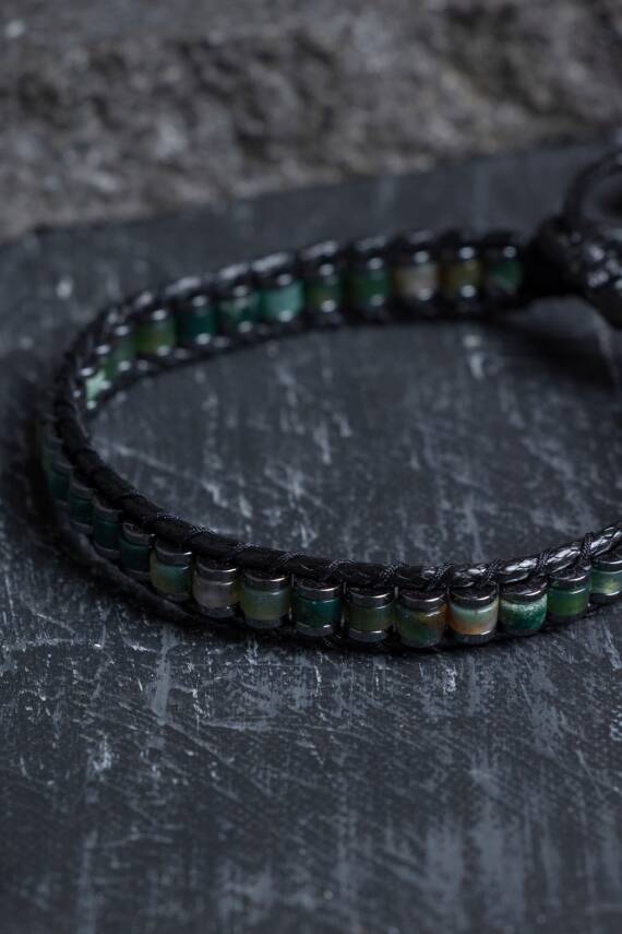 Sertifikalı Hint Akik Özel Tasarım Deri Doğal Taş Makrome Bileklik (SK:397) - 2