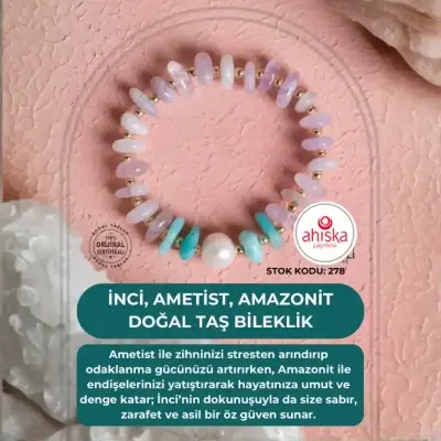 Sertifikalı İnci, Ametist, Amazonit Doğal Taş Bileklik (SK278) - 1