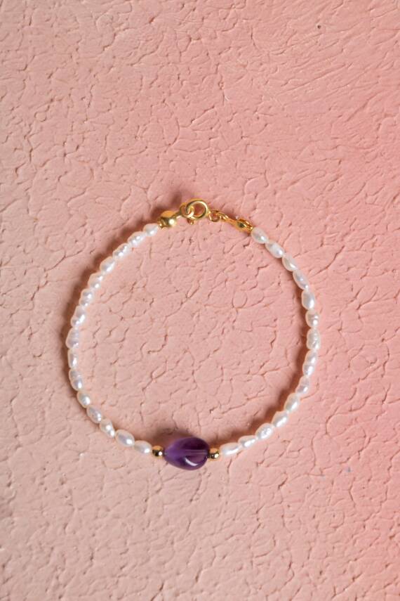 Sertifikalı İnci, Ametist Gümüş Kapama Doğal Taş Bileklik (SK:065) - 1