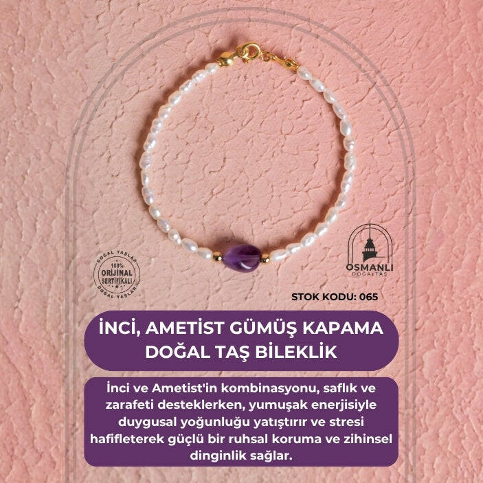 Sertifikalı İnci, Ametist Gümüş Kapama Doğal Taş Bileklik (SK:065) - 2