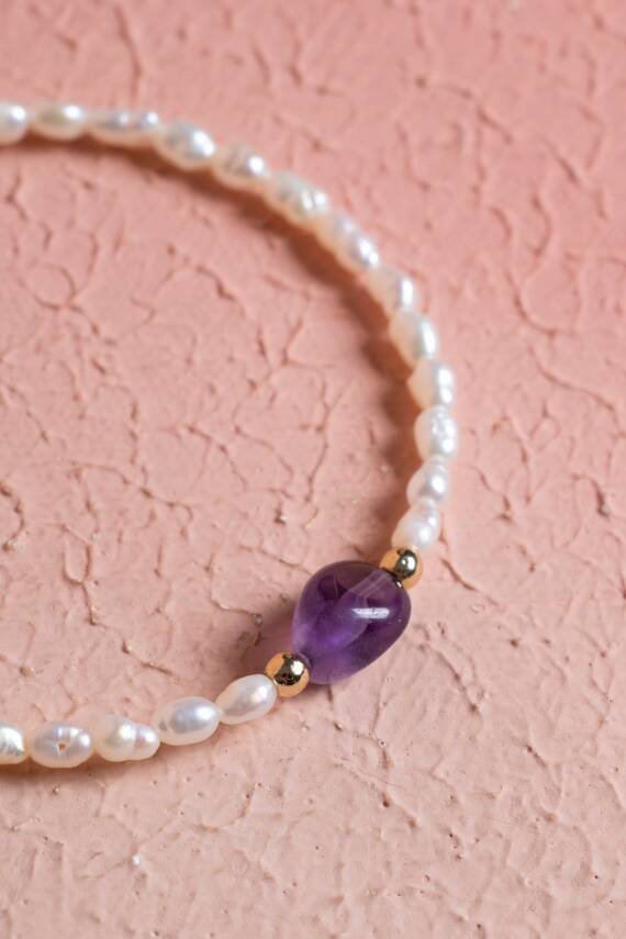 Sertifikalı İnci, Ametist Gümüş Kapama Doğal Taş Bileklik (SK:065) - 3