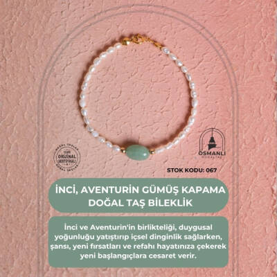 Sertifikalı İnci, Aventurin Gümüş Kapama Doğal Taş Bileklik (SK:067) - 2
