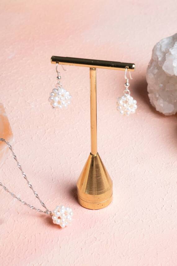 Sertifikalı İnci Doğal Taş Kolye Küpe Set - 1