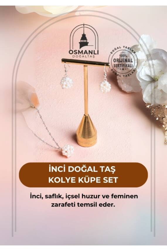 Sertifikalı İnci Doğal Taş Kolye Küpe Set - 2
