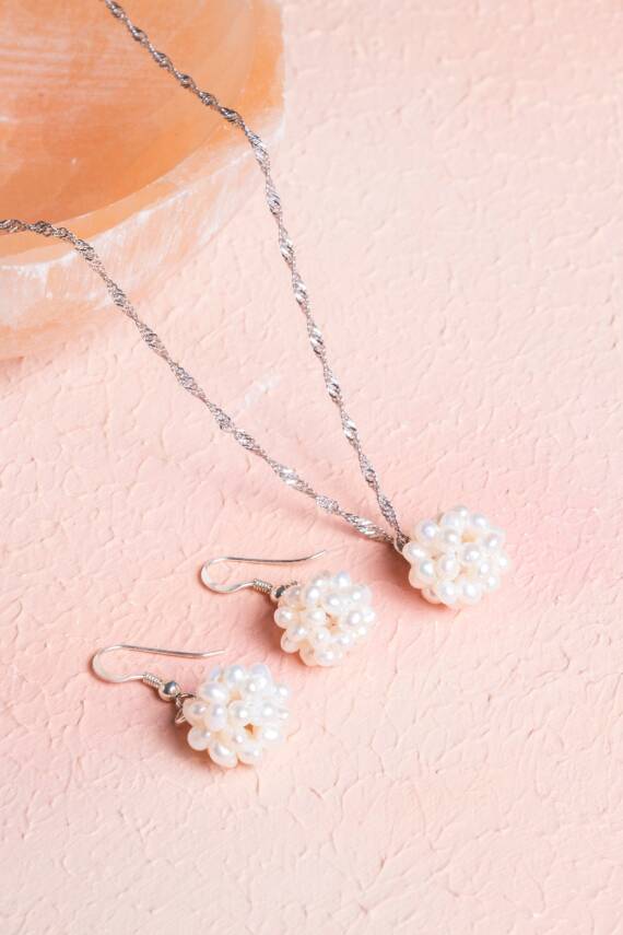 Sertifikalı İnci Doğal Taş Kolye Küpe Set - 3