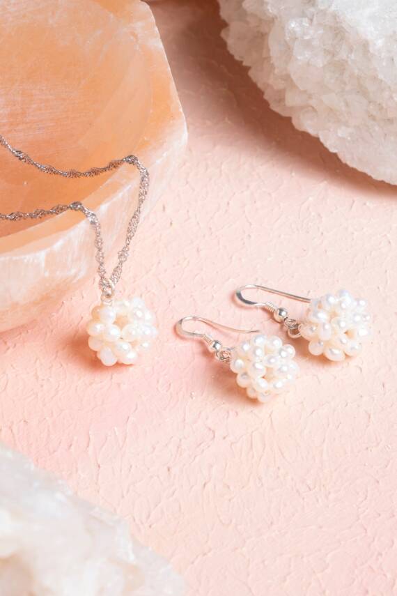 Sertifikalı İnci Doğal Taş Kolye Küpe Set - 4