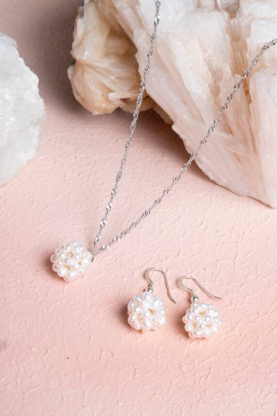 Sertifikalı İnci Doğal Taş Kolye Küpe Set - 5