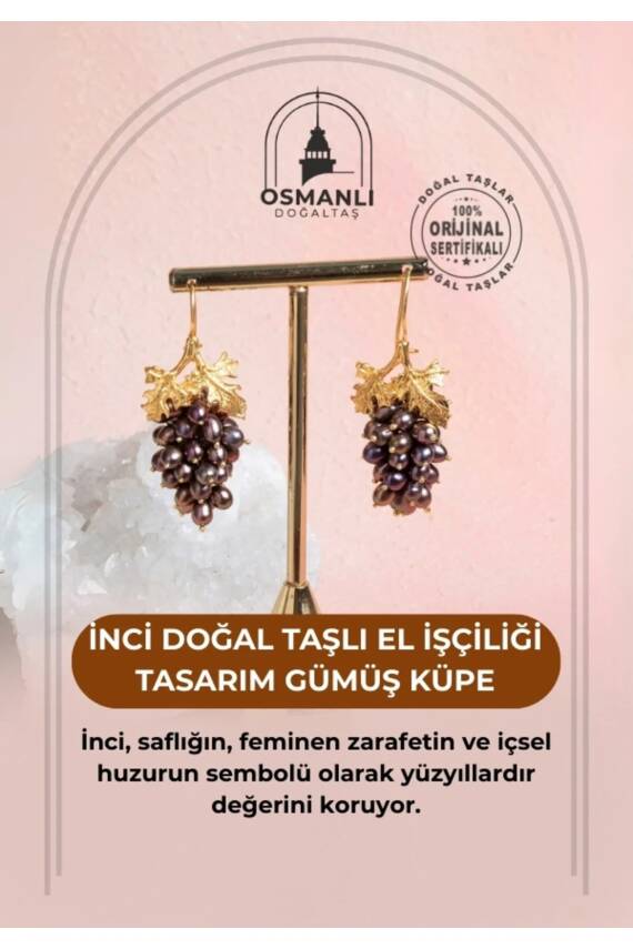 Sertifikalı İnci Doğal Taşlı El İşçiliği Tasarım Gümüş Küpe - 2