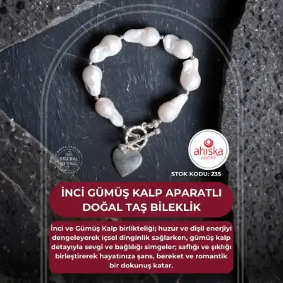 Sertifikalı İnci Gümüş Kalp Aparatlı Doğal Taş Bileklik (SK235) - Doğal Taş (1)