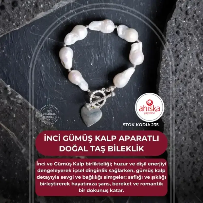 Sertifikalı İnci Gümüş Kalp Aparatlı Doğal Taş Bileklik (SK235) - 2
