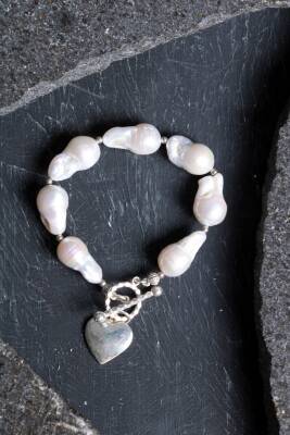 Sertifikalı İnci Gümüş Kalp Aparatlı Doğal Taş Bileklik (SK:235) - Osmanlı Doğal Taş