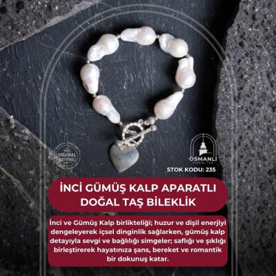 Sertifikalı İnci Gümüş Kalp Aparatlı Doğal Taş Bileklik (SK:235) - 2